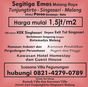 Pelopor Tanah Kavling KEK Singhasari Pelopor Tanah Kavling Dekat Exit Tol Singosari  Tanah Kavling Villa Wisata Juwet Asri Tunjungtirto Singosari Malang  Satu satunya lokasi yang mewakili keindahan dari Tunjungtirto Singosari Malang  Suasana Villa Pegunungan  Beli sekarang karena harga naik bulan depan  Luas 60 m2 hanya 75 jt  Harga properti terus naik dengan cepat semakin ditunda semakin hilang kesempatan mendapatkan aset menarik untuk berinvestasi,  KEK Singhasari Malang merupakan kawasan Khusus yang menjadi primadona Dunia  Kenapa harus beli tanah kavling di Juwet Asri Tunjungtirto  karena yang terbukti sudah siap bangun ( ada beberapa rumah yang telah berdiri ) tersedia Fasilitas Listrik dan Air Bersih serta Lingkungan yang masih asri bebas Polusi,  Harga Kawasan kami mulai 1,5jt /m2 memang tinggi tetapi Area Juwet Asri adalah satu satunya kawasan yang sangat Eksotis dan berada di dataran tinggi , hawa dingin dan view Sumber air alami,  Dikelilingi padat pemukiman penduduk dan satu satunya lokasi yang hanya berjarak 300 meter dari KEK Singhasari Malang dan hanya menempuh waktu 11 menit dari Exit Tol Karanglo Singosari ,  Tunjungtirto Singosari Malang merupakan Daerah Segitiga Emas Malang Raya yang jadi destinasi favorit Investasi baik dalam bidang industri , Pergudangan, Transit , Rest Area , Hotel , Guest House, Homestay, maupun Villa wisata,  Lokasi Tunjungtirto Singosari Malang yang bagus dalam segala dinilai dari prospek perkembangannya, yaitu : Sebelah timur yang langsung berada di depan Exit Tol Singosari Sebelah barat berbatasan langsung dengan Kawasan Ekonomi Khusus Singhasari Malang , Sebelah utara langsung menuju ke arah Pasar Singosari dan sebelah selatan yang berbatasan langsung dengan Kotamadya Malang,  Banyak manfaat yang didapat jika punya aset di Tunjungtirto , selain efesiensi dalam hal terutama kegiatan Industri dan Rumah Kost, Home stay , dll karena dilaui Poros Provinsi Surabaya - Batu  dan yang paling menarik adalah kenaikan harga yang signifikan dan selalu stabil kenaikannya pertahun mencapai 500rb/m2 dari harga pasaran tanah di Tunjungtirto Singosari Malang ,  Hal ini disebakan karena akses yang bagus dan merupakan titik pusat akses Ekonomi Malang Raya   Dilalui 2 jalur angkot, dan terdapat akses yang tak pernah sepi dan merupakan jalur penunjang jalur alternatif di Tunjungtirto Singosari Malang yang menghubungkan Surabaya ke Arah kota Batu Karangploso dan Kota Malang,  Di Tunjungtirto terdapat beberapa sekolah Negeri, Kampus, Rumah Sakit, Pusat Kuliner 24 jam, Perbankan dan banyak Sentra sayur mayur dengan kualitas terbaik ,  Pilihan tepat bersama kami  Kawasan Villa  Juwet Asri Tunjungtirto Singosari Malang  info lengkap segera hubungi Ferdi hp/wa 082142790789   https://keksingosari.blogspot.com/  #investasi #juwetasri #kek #keksinghasari #tanahkavling #tunjungtirto #singosari #malang                                              