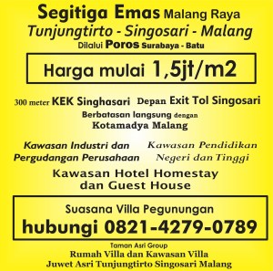 Pelopor Tanah Kavling KEK Singhasari Pelopor Tanah Kavling Dekat Exit Tol Singosari  Tanah Kavling Villa Wisata Juwet Asri Tunjungtirto Singosari Malang  Satu satunya lokasi yang mewakili keindahan dari Tunjungtirto Singosari Malang  Suasana Villa Pegunungan  Beli sekarang karena harga naik bulan depan  Luas 60 m2 hanya 75 jt  Harga properti terus naik dengan cepat semakin ditunda semakin hilang kesempatan mendapatkan aset menarik untuk berinvestasi,  KEK Singhasari Malang merupakan kawasan Khusus yang menjadi primadona Dunia  Kenapa harus beli tanah kavling di Juwet Asri Tunjungtirto  karena yang terbukti sudah siap bangun ( ada beberapa rumah yang telah berdiri ) tersedia Fasilitas Listrik dan Air Bersih serta Lingkungan yang masih asri bebas Polusi,  Harga Kawasan kami mulai 1,5jt /m2 memang tinggi tetapi Area Juwet Asri adalah satu satunya kawasan yang sangat Eksotis dan berada di dataran tinggi , hawa dingin dan view Sumber air alami,  Dikelilingi padat pemukiman penduduk dan satu satunya lokasi yang hanya berjarak 300 meter dari KEK Singhasari Malang dan hanya menempuh waktu 11 menit dari Exit Tol Karanglo Singosari ,  Tunjungtirto Singosari Malang merupakan Daerah Segitiga Emas Malang Raya yang jadi destinasi favorit Investasi baik dalam bidang industri , Pergudangan, Transit , Rest Area , Hotel , Guest House, Homestay, maupun Villa wisata,  Lokasi Tunjungtirto Singosari Malang yang bagus dalam segala dinilai dari prospek perkembangannya, yaitu : Sebelah timur yang langsung berada di depan Exit Tol Singosari Sebelah barat berbatasan langsung dengan Kawasan Ekonomi Khusus Singhasari Malang , Sebelah utara langsung menuju ke arah Pasar Singosari dan sebelah selatan yang berbatasan langsung dengan Kotamadya Malang,  Banyak manfaat yang didapat jika punya aset di Tunjungtirto , selain efesiensi dalam hal terutama kegiatan Industri dan Rumah Kost, Home stay , dll karena dilaui Poros Provinsi Surabaya - Batu  dan yang paling menarik adalah kenaikan harga yang signifikan dan selalu stabil kenaikannya pertahun mencapai 500rb/m2 dari harga pasaran tanah di Tunjungtirto Singosari Malang ,  Hal ini disebakan karena akses yang bagus dan merupakan titik pusat akses Ekonomi Malang Raya   Dilalui 2 jalur angkot, dan terdapat akses yang tak pernah sepi dan merupakan jalur penunjang jalur alternatif di Tunjungtirto Singosari Malang yang menghubungkan Surabaya ke Arah kota Batu Karangploso dan Kota Malang,  Di Tunjungtirto terdapat beberapa sekolah Negeri, Kampus, Rumah Sakit, Pusat Kuliner 24 jam, Perbankan dan banyak Sentra sayur mayur dengan kualitas terbaik ,  Pilihan tepat bersama kami  Kawasan Villa  Juwet Asri Tunjungtirto Singosari Malang  info lengkap segera hubungi Ferdi hp/wa 082142790789   https://keksingosari.blogspot.com/  #investasi #juwetasri #kek #keksinghasari #tanahkavling #tunjungtirto #singosari #malang                                              