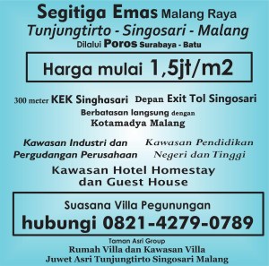 Pelopor Tanah Kavling KEK Singhasari Pelopor Tanah Kavling Dekat Exit Tol Singosari  Tanah Kavling Villa Wisata Juwet Asri Tunjungtirto Singosari Malang  Satu satunya lokasi yang mewakili keindahan dari Tunjungtirto Singosari Malang  Suasana Villa Pegunungan  Beli sekarang karena harga naik bulan depan  Luas 60 m2 hanya 75 jt  Harga properti terus naik dengan cepat semakin ditunda semakin hilang kesempatan mendapatkan aset menarik untuk berinvestasi,  KEK Singhasari Malang merupakan kawasan Khusus yang menjadi primadona Dunia  Kenapa harus beli tanah kavling di Juwet Asri Tunjungtirto  karena yang terbukti sudah siap bangun ( ada beberapa rumah yang telah berdiri ) tersedia Fasilitas Listrik dan Air Bersih serta Lingkungan yang masih asri bebas Polusi,  Harga Kawasan kami mulai 1,5jt /m2 memang tinggi tetapi Area Juwet Asri adalah satu satunya kawasan yang sangat Eksotis dan berada di dataran tinggi , hawa dingin dan view Sumber air alami,  Dikelilingi padat pemukiman penduduk dan satu satunya lokasi yang hanya berjarak 300 meter dari KEK Singhasari Malang dan hanya menempuh waktu 11 menit dari Exit Tol Karanglo Singosari ,  Tunjungtirto Singosari Malang merupakan Daerah Segitiga Emas Malang Raya yang jadi destinasi favorit Investasi baik dalam bidang industri , Pergudangan, Transit , Rest Area , Hotel , Guest House, Homestay, maupun Villa wisata,  Lokasi Tunjungtirto Singosari Malang yang bagus dalam segala dinilai dari prospek perkembangannya, yaitu : Sebelah timur yang langsung berada di depan Exit Tol Singosari Sebelah barat berbatasan langsung dengan Kawasan Ekonomi Khusus Singhasari Malang , Sebelah utara langsung menuju ke arah Pasar Singosari dan sebelah selatan yang berbatasan langsung dengan Kotamadya Malang,  Banyak manfaat yang didapat jika punya aset di Tunjungtirto , selain efesiensi dalam hal terutama kegiatan Industri dan Rumah Kost, Home stay , dll karena dilaui Poros Provinsi Surabaya - Batu  dan yang paling menarik adalah kenaikan harga yang signifikan dan selalu stabil kenaikannya pertahun mencapai 500rb/m2 dari harga pasaran tanah di Tunjungtirto Singosari Malang ,  Hal ini disebakan karena akses yang bagus dan merupakan titik pusat akses Ekonomi Malang Raya   Dilalui 2 jalur angkot, dan terdapat akses yang tak pernah sepi dan merupakan jalur penunjang jalur alternatif di Tunjungtirto Singosari Malang yang menghubungkan Surabaya ke Arah kota Batu Karangploso dan Kota Malang,  Di Tunjungtirto terdapat beberapa sekolah Negeri, Kampus, Rumah Sakit, Pusat Kuliner 24 jam, Perbankan dan banyak Sentra sayur mayur dengan kualitas terbaik ,  Pilihan tepat bersama kami  Kawasan Villa  Juwet Asri Tunjungtirto Singosari Malang  info lengkap segera hubungi Ferdi hp/wa 082142790789   https://keksingosari.blogspot.com/  #investasi #juwetasri #kek #keksinghasari #tanahkavling #tunjungtirto #singosari #malang                                              