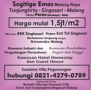 Pelopor Tanah Kavling KEK Singhasari Pelopor Tanah Kavling Dekat Exit Tol Singosari  Tanah Kavling Villa Wisata Juwet Asri Tunjungtirto Singosari Malang  Satu satunya lokasi yang mewakili keindahan dari Tunjungtirto Singosari Malang  Suasana Villa Pegunungan  Beli sekarang karena harga naik bulan depan  Luas 60 m2 hanya 75 jt  Harga properti terus naik dengan cepat semakin ditunda semakin hilang kesempatan mendapatkan aset menarik untuk berinvestasi,  KEK Singhasari Malang merupakan kawasan Khusus yang menjadi primadona Dunia  Kenapa harus beli tanah kavling di Juwet Asri Tunjungtirto  karena yang terbukti sudah siap bangun ( ada beberapa rumah yang telah berdiri ) tersedia Fasilitas Listrik dan Air Bersih serta Lingkungan yang masih asri bebas Polusi,  Harga Kawasan kami mulai 1,5jt /m2 memang tinggi tetapi Area Juwet Asri adalah satu satunya kawasan yang sangat Eksotis dan berada di dataran tinggi , hawa dingin dan view Sumber air alami,  Dikelilingi padat pemukiman penduduk dan satu satunya lokasi yang hanya berjarak 300 meter dari KEK Singhasari Malang dan hanya menempuh waktu 11 menit dari Exit Tol Karanglo Singosari ,  Tunjungtirto Singosari Malang merupakan Daerah Segitiga Emas Malang Raya yang jadi destinasi favorit Investasi baik dalam bidang industri , Pergudangan, Transit , Rest Area , Hotel , Guest House, Homestay, maupun Villa wisata,  Lokasi Tunjungtirto Singosari Malang yang bagus dalam segala dinilai dari prospek perkembangannya, yaitu : Sebelah timur yang langsung berada di depan Exit Tol Singosari Sebelah barat berbatasan langsung dengan Kawasan Ekonomi Khusus Singhasari Malang , Sebelah utara langsung menuju ke arah Pasar Singosari dan sebelah selatan yang berbatasan langsung dengan Kotamadya Malang,  Banyak manfaat yang didapat jika punya aset di Tunjungtirto , selain efesiensi dalam hal terutama kegiatan Industri dan Rumah Kost, Home stay , dll karena dilaui Poros Provinsi Surabaya - Batu  dan yang paling menarik adalah kenaikan harga yang signifikan dan selalu stabil kenaikannya pertahun mencapai 500rb/m2 dari harga pasaran tanah di Tunjungtirto Singosari Malang ,  Hal ini disebakan karena akses yang bagus dan merupakan titik pusat akses Ekonomi Malang Raya   Dilalui 2 jalur angkot, dan terdapat akses yang tak pernah sepi dan merupakan jalur penunjang jalur alternatif di Tunjungtirto Singosari Malang yang menghubungkan Surabaya ke Arah kota Batu Karangploso dan Kota Malang,  Di Tunjungtirto terdapat beberapa sekolah Negeri, Kampus, Rumah Sakit, Pusat Kuliner 24 jam, Perbankan dan banyak Sentra sayur mayur dengan kualitas terbaik ,  Pilihan tepat bersama kami  Kawasan Villa  Juwet Asri Tunjungtirto Singosari Malang  info lengkap segera hubungi Ferdi hp/wa 082142790789   https://keksingosari.blogspot.com/  #investasi #juwetasri #kek #keksinghasari #tanahkavling #tunjungtirto #singosari #malang                                              